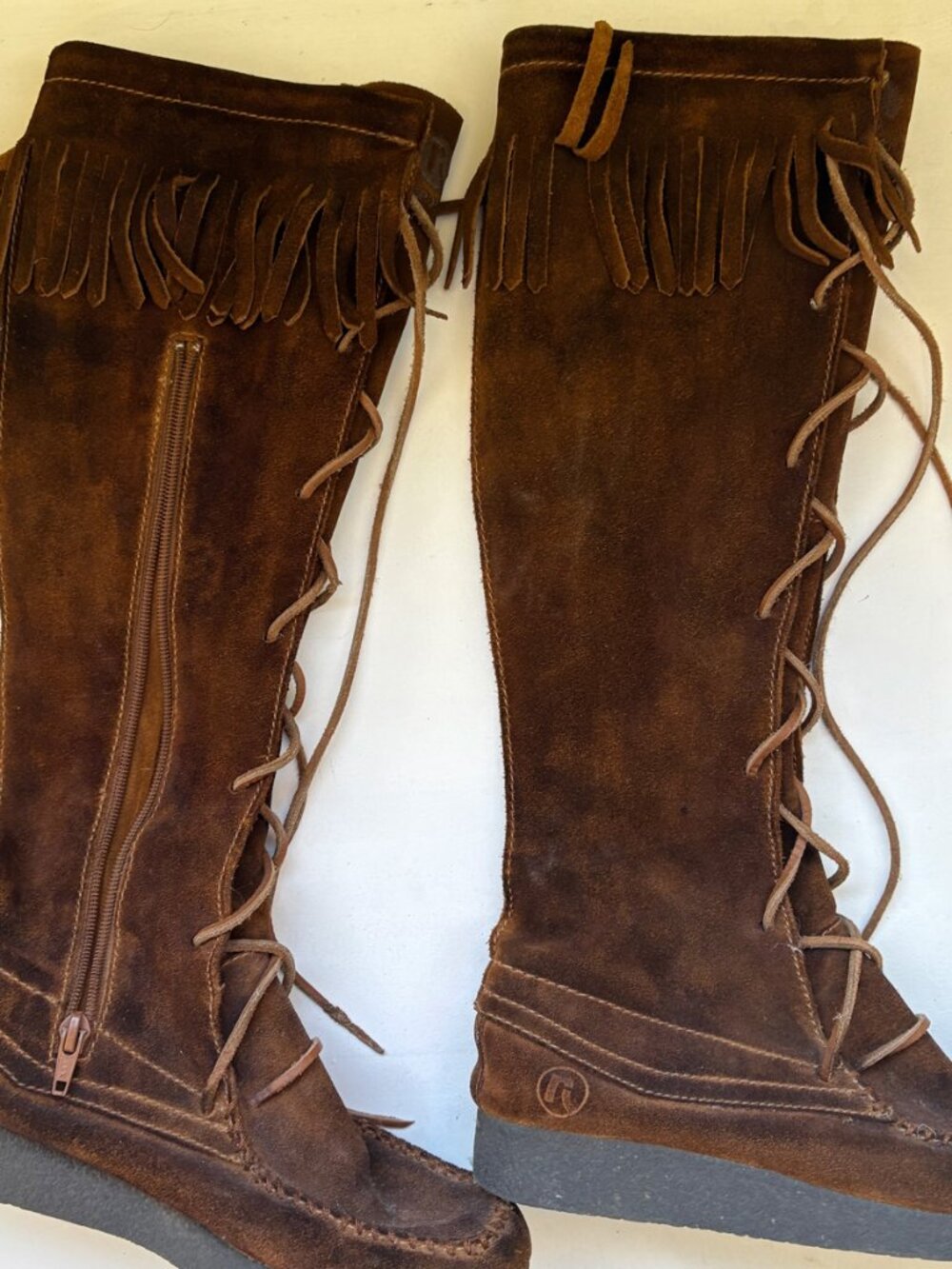 Brown Suede Lace Up High Fringe Boots